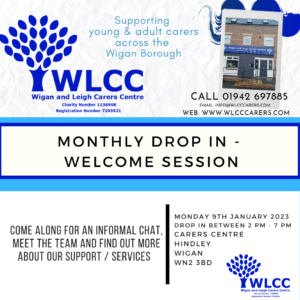 wigan and leigh carers monthly drop in poster