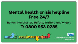 Mental health crisis helpline Bolton, Manchester, Salford, Trafford, Wigan poster